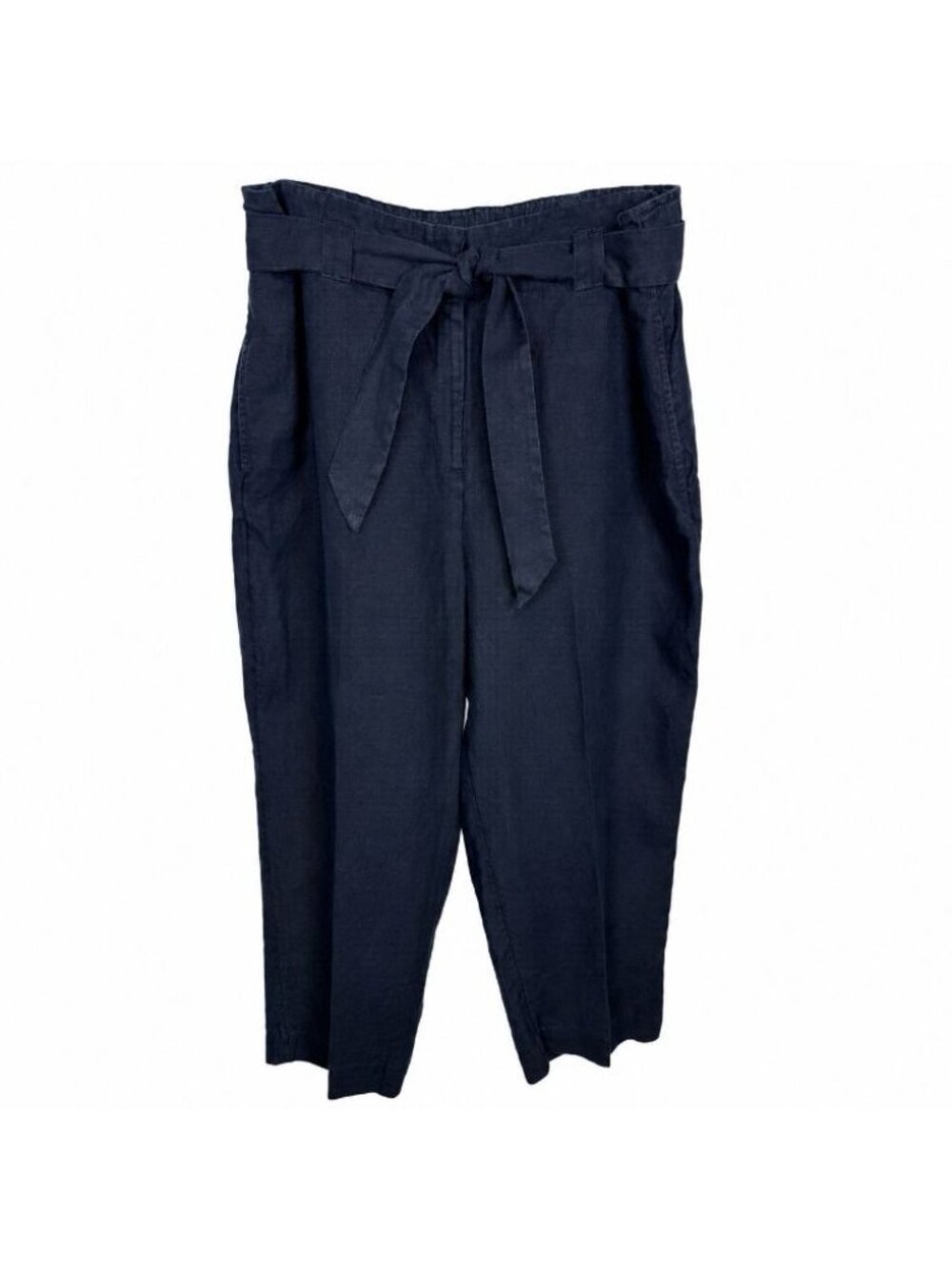 Chicos Linen Cropped Pants Womens Sz 3 (16/L) Tie Waist Pockets Navy Blue